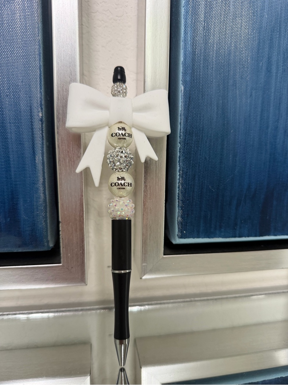 Coach Black Pen with White Bow and Rhinestone Charms